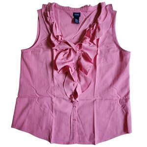 IZOD Pink Preppy Ruffle Pinstripe Button Front V Neck Sleeveless Blouse Sz M
